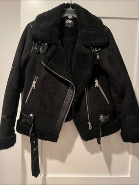 Zara Black Faux Shearling Biker Jacket